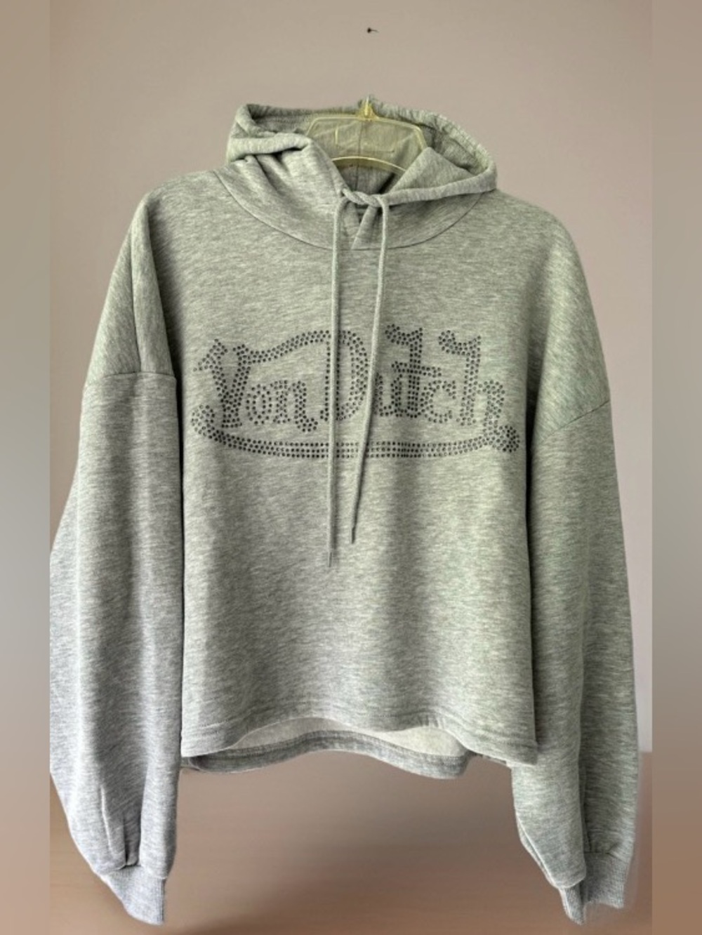 Von Dutch Cropped Slouchy Rhinestone Logo Hoodie Sweatshirt |Light Gray NWT~L